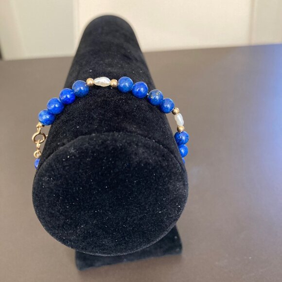 Lapis Lazuli 5.5mm Beads, Pearl and Gold Bead Bracelet with 14k Gold Clasp - Picture 5 of 16